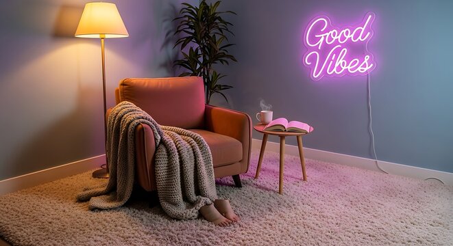 A cozy reading nook with a pink armchair, warm floor lamp, and a glowing 'Good Vibes' neon sign creating a relaxing ambiance.