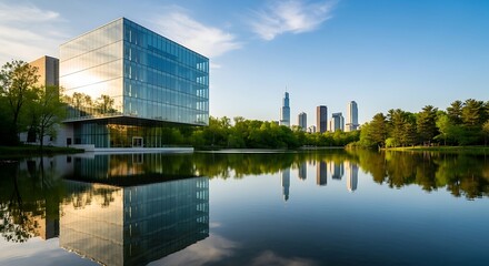 Fototapeta premium A modern glass building reflects serenely in a tranquil lake, framed by lush greenery and a backdrop of a city skyline.