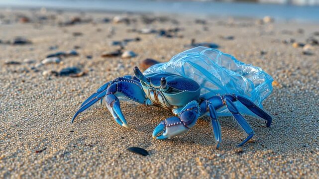 A blue crab crawls along a sandy beach, entangled in a plastic bag, highlighting the dire impact of ocean pollution on marine life. This interaction depicts a critical ecological issue.