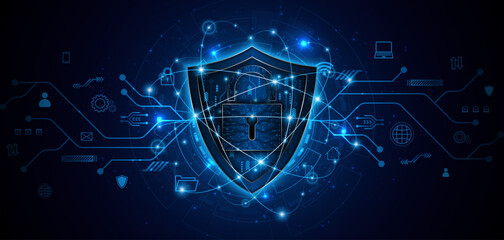 Cyber ​​security concept with shield symbol and lock. Data protection and cyber privacy. Innovative concept of advanced safety technology	