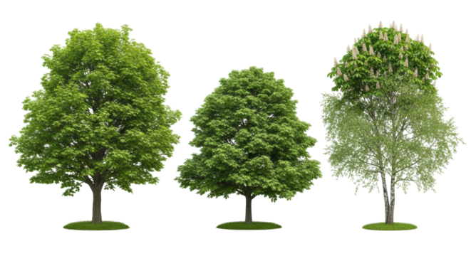 Mature maple, broadleaf, horse chestnut, birch trees with vibrant green foliage, white flowers on transparent studio background with grass, commercial botanical study