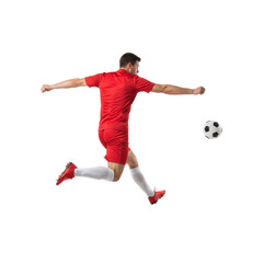 Dynamic portrayal of a footballer executing a powerful kick against a serene backdrop