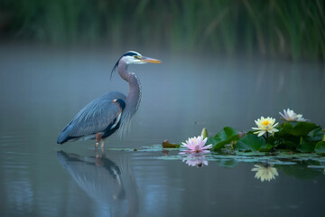 Great blue heron standing in misty water