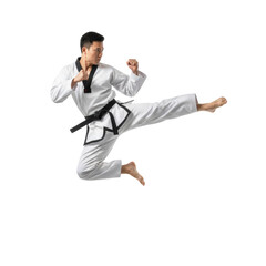 Dynamic martial artist executing a flying kick on a clean, isolated display ideal for showcasing