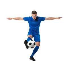 Fototapeta premium Dynamic Soccer Player in Mid-Air Kick with Skillful Control on a Transparent Field