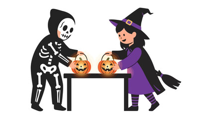 Halloween Spectacle: A pair of children dressed in festive costumes prepare for Halloween, holding illuminated jack-o'-lanterns, creating a cheerful and spooky ambiance.