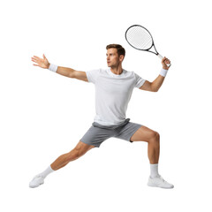 Dynamic tennis player mid-swing isolated on a transparent backdrop demonstrating agility and power