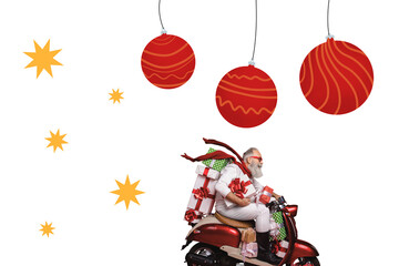 Composite trend artwork sketch image photo collage of winter holiday merry christmas  new year ball decor aged man santa ride moped gift