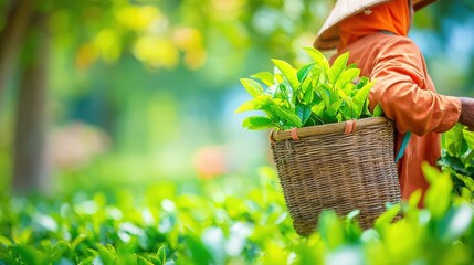 Tea Farmer Carrying a Basket of Fresh Green Tea Leaves -  Harvest, Agriculture, Vibrant, Vietnamese Tea Plantation