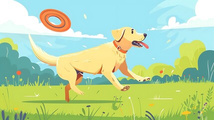 Energetic Labrador Retriever Fetching Flying Disc in a Verdant Landscape Illustration