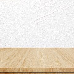 Wood table and white wall background in kitchen, Wooden shelf, counter for food and product display in room background, Wood table top, desk surface banner, mockup, template