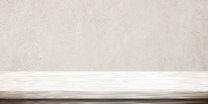 White wood table and brown wall background in kitchen, Wooden shelf, counter for food and product display in room background, Wood table top, desk surface banner, mockup, template