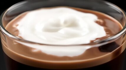 A close-up of a rich chocolate pudding in a glass topped with a dollop of fresh whipped cream. - Powered by Adobe
