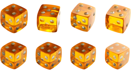 Eight orange dice game pieces scattered on transparent png background