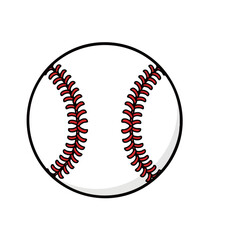 Cartoon style baseball with red stitching and black outline, isolated on white