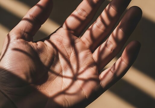 An intriguing play of light and shadow on an outstretched hand creates a compelling visual narrative evoking
