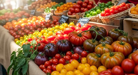 Abundance of heirloom tomatoes display at a vibrant farmers market stall in summer with colorful varieties