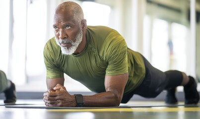 An senior African-American man doing sport exercises in a gym, active aging and well-being concept, activity and mental health of elderly people, AI-generated