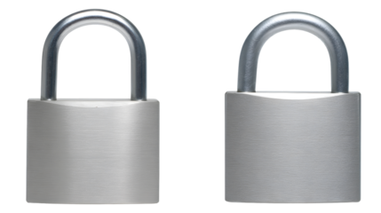 Two metallic padlocks close up view on transparent png background