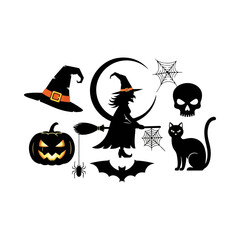 Halloween witch and symbols, spooky night, black silhouettes.