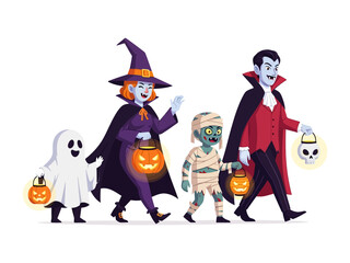 Halloween Costume Parade: A charming illustration capturing the essence of Halloween, with a diverse group of children dressed in delightful costumes.