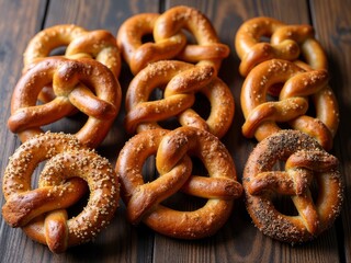 Showcase of Traditional Bavarian Pretzel Varieties on Rustic Wood Background