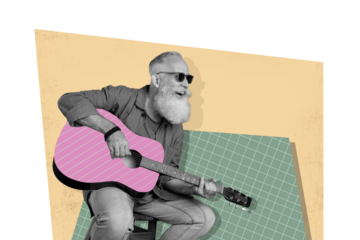 Creative poster collage mature man pensioner play guitar hobby leisure professional acoustic instrument drawing background