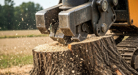 The process of crushing a stump with specialized equipment, close-up, with sawdust flying in different directions. Dismantling an old stump.