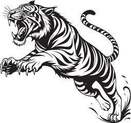 A black and white illustration of a tiger leaping forward with its mouth open and claws extended on transparent background silhouette