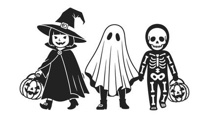Spooky Squad on Halloween: A cheerful trio of children, each clad in delightful Halloween costumes, ready for a night of trick-or-treating.