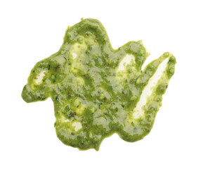 Sample of tasty pesto sauce isolated on white, top view