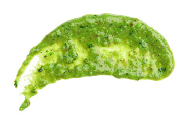 Sample of tasty pesto sauce isolated on white, top view