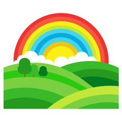 Vibrant rainbow arches over rolling green hills with fluffy clouds and a bright sun creating a hopeful and cheerful natural landscape scene