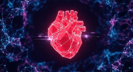 Red glowing wireframe heart on neon mesh background. Futuristic health tech design