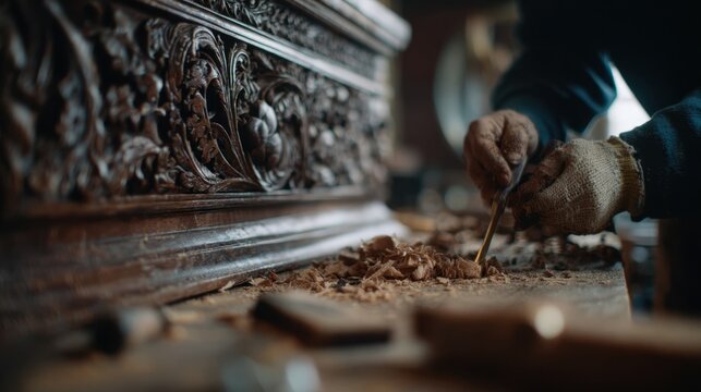 Medium shot of technician delicately restoring intricate wood carvings on a historical cabinet main visual emphasis on chisel and wood grain with blurry surrounding workspace.
