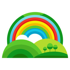 Obraz premium Vibrant rainbow arcs over rolling green hills with stylized trees, a symbol of hope, nature, and new beginnings for diverse creative projects