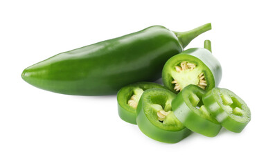 Whole and sliced green jalapeno peppers isolated on white