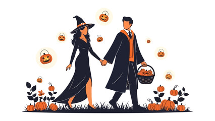 Spooky Stroll: An enchanting scene unfolds as a couple, dressed in Halloween attire, stroll hand-in-hand. Amidst a backdrop of autumnal pumpkins and charming decorations.