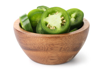Jalapeno pepper slices in bowl isolated on white