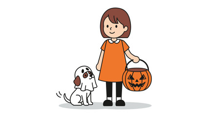 Halloween Fun: A charming illustration captures the essence of Halloween with a child in an orange dress and a cute dog in a ghost costume, both ready for trick-or-treating with a carved pumpkin pail.