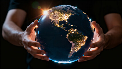 Globe Held in Hands with City Lights