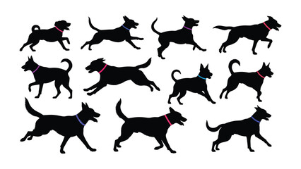 Dynamic Dog Silhouettes in Action: Energetic dog silhouettes capturing the essence of movement and agility, each one adorned with a vibrant collar, perfect for designs celebrating pets.