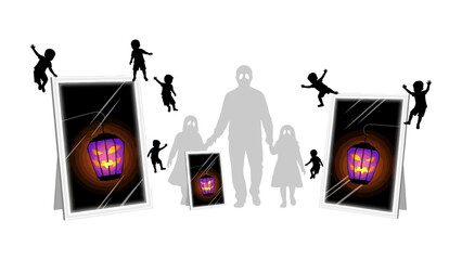Magical Lanterns and Family Silhouette: The image features a scene of family love. Silhouette art of a parent with children and their memories of the lantern, the glowing lanterns.