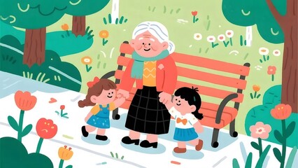 Fototapeta premium 公園にいる祖母と孫娘たち
