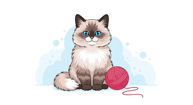 A fluffy ragdoll cat with striking blue eyes sits patiently next to a ball of pink yarn on a light blue background.