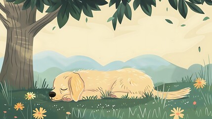 Peaceful slumber: A golden retriever's nap beneath a tree in a serene meadow