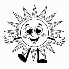 This cheerful cartoon sun character features heart-shaped eyes, a big smile, and playful arms, representing warmth, happiness, and a joyful vibe in a cute style.