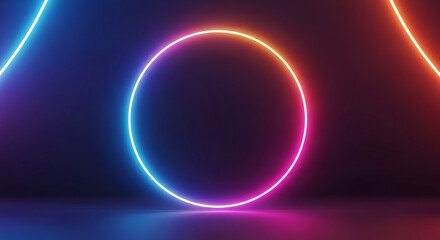 Abstract neon light shapes with glowing circle, triangle, and line on dark background