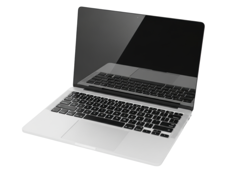 Modern silver laptop with black keyboard and dark blank screen reflecting the keyboard, isolated on a transparent background with shadowless lighting, concept of modern technology