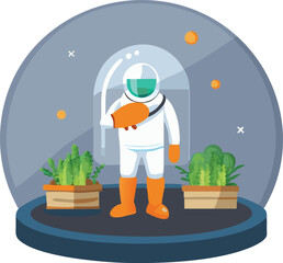 Vector cartoon illustration of a businessman worker man watering plants in a garden, representing money and business growth